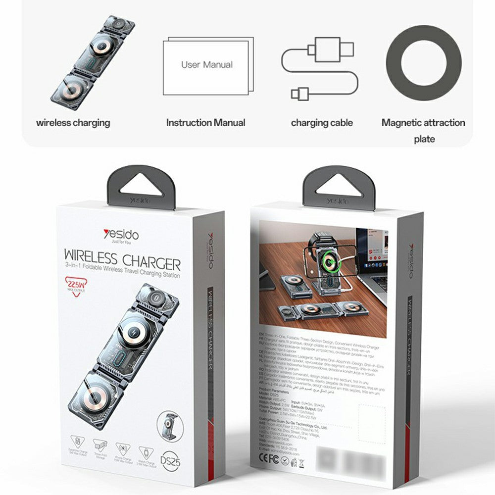 YESIDO DS25 3-in-1 Folding Magnetic Wireless Charger – MagSafe Compatible