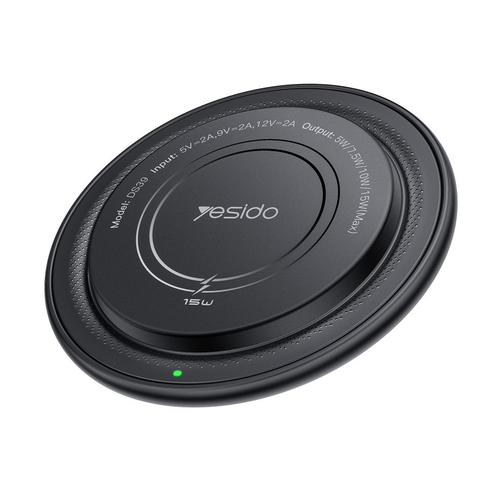 YESIDO DS39 Round Wireless Charging Pad – 15W Fast Charging for Phone & Earbuds