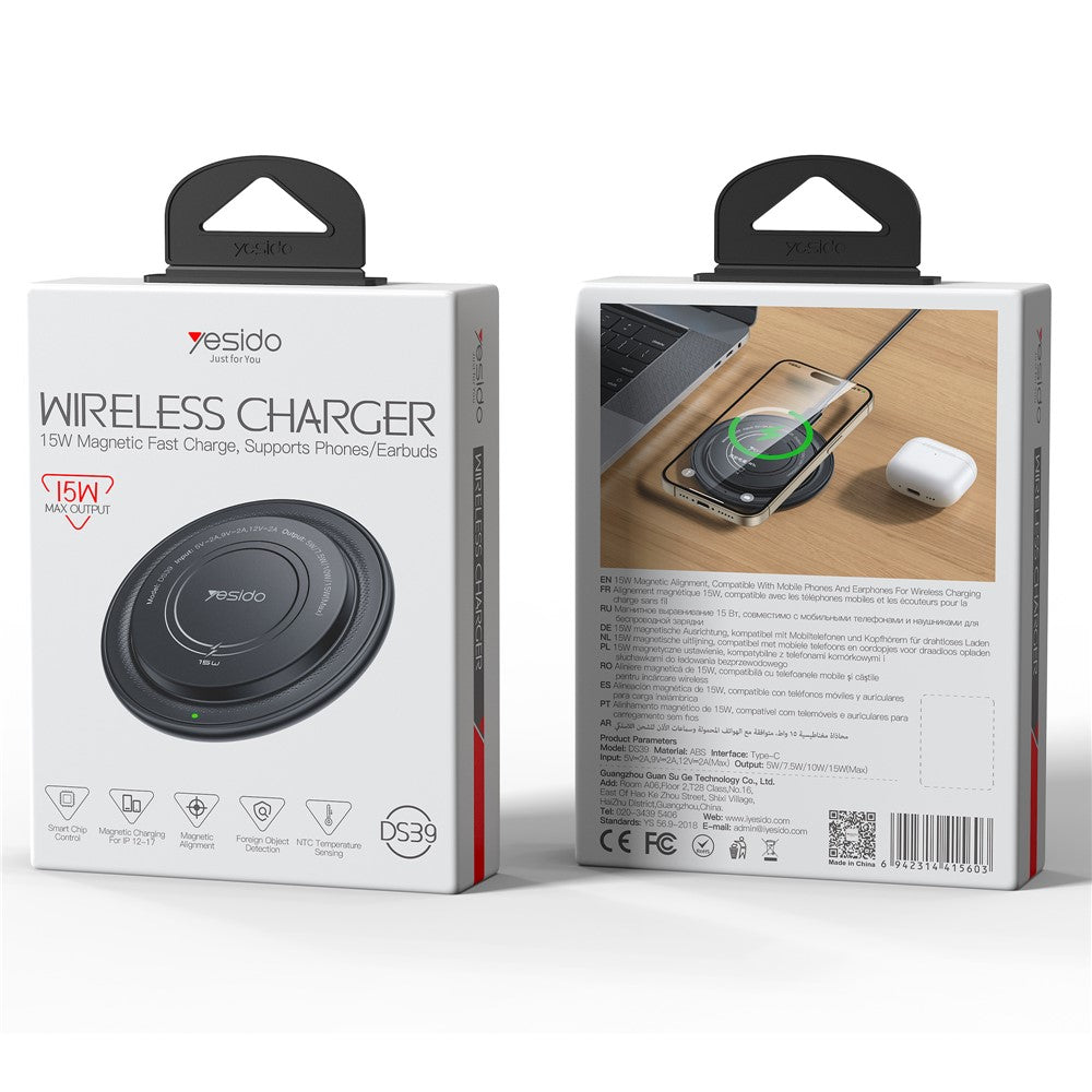 YESIDO DS39 Round Wireless Charging Pad – 15W Fast Charging for Phone & Earbuds