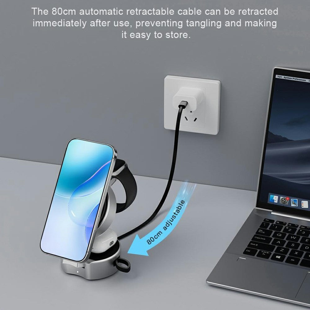 3-in-1 Foldable Qi2 Wireless Charger with 80cm Retractable Cable