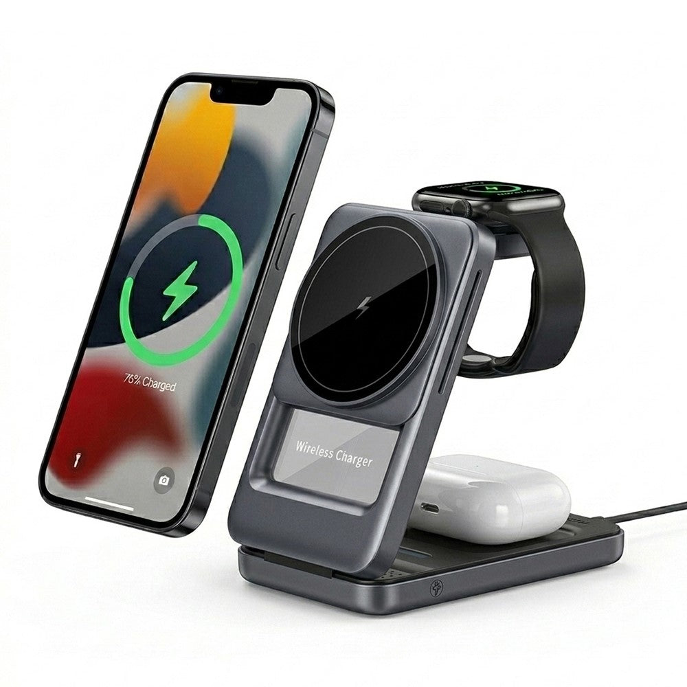 3-in-1 Magnetic Wireless Charger with Ambient Light – Foldable, Phone, Watch & Earbuds