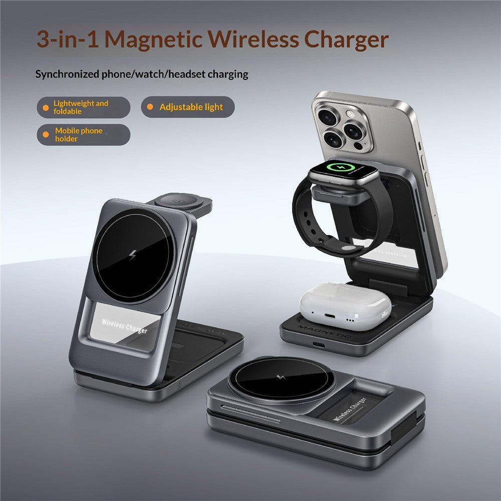 3-in-1 Magnetic Wireless Charger with Ambient Light – Foldable, Phone, Watch & Earbuds