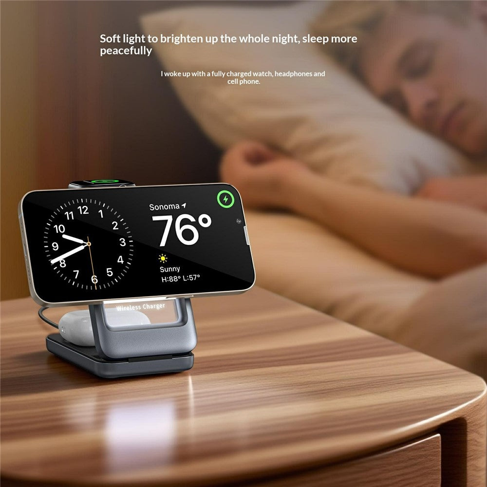 3-in-1 Magnetic Wireless Charger with Ambient Light – Foldable, Phone, Watch & Earbuds