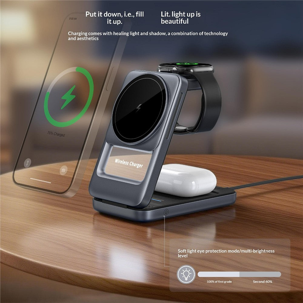 3-in-1 Magnetic Wireless Charger with Ambient Light – Foldable, Phone, Watch & Earbuds