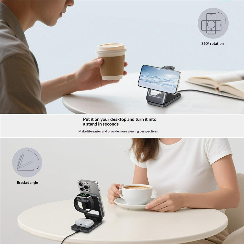 3-in-1 Magnetic Wireless Charger with Ambient Light – Foldable, Phone, Watch & Earbuds