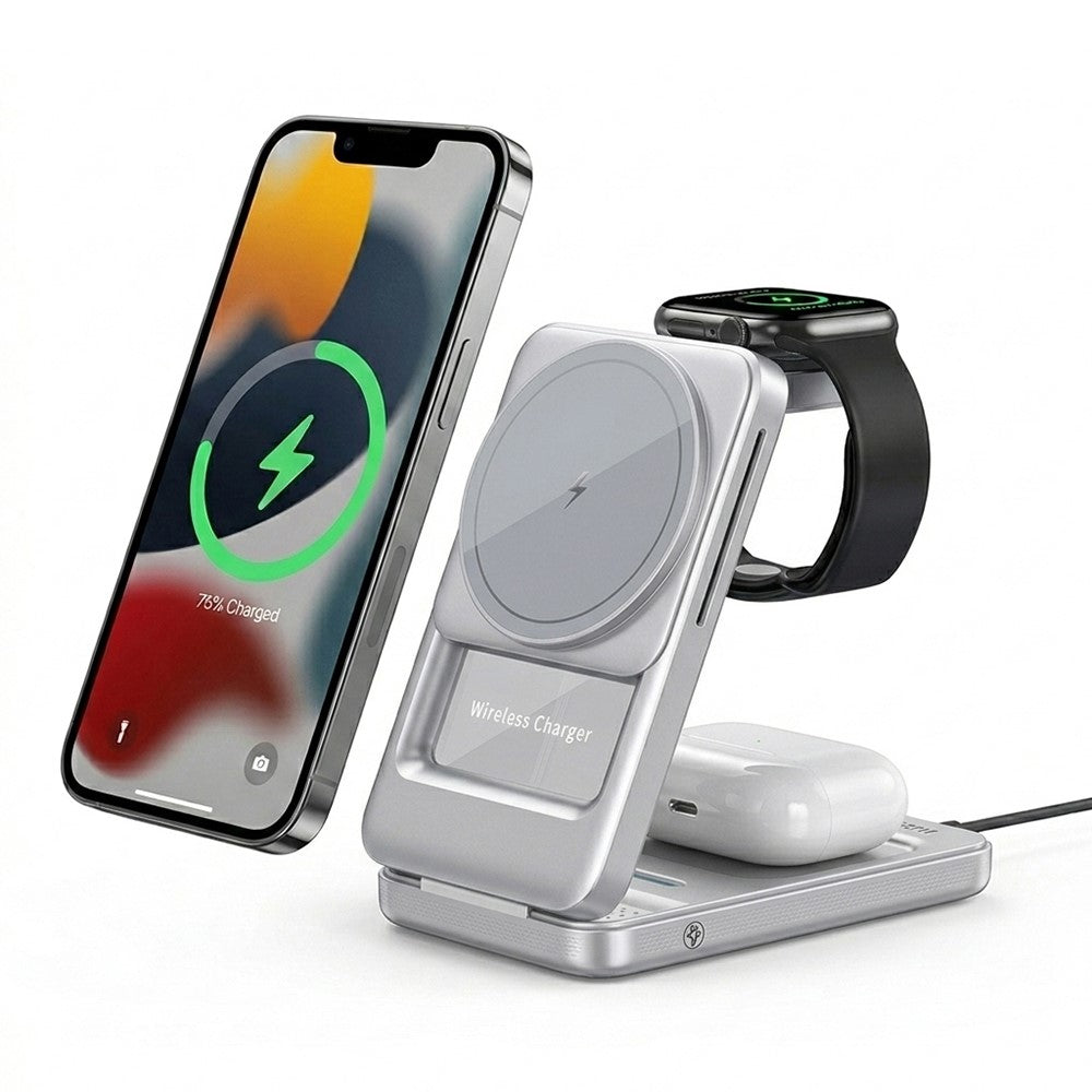 3-in-1 Magnetic Wireless Charger with Ambient Light – Foldable, Phone, Watch & Earbuds