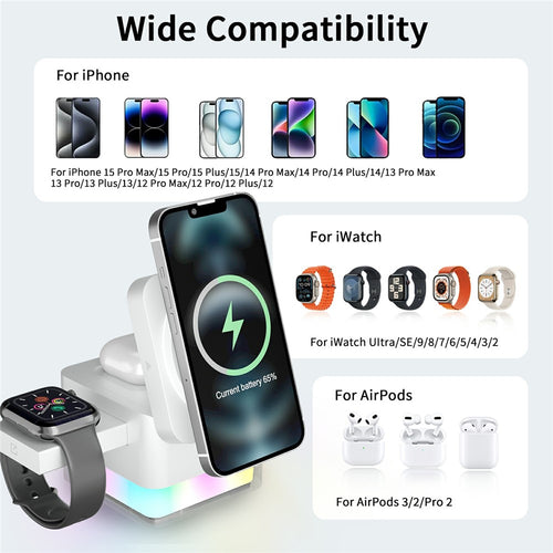 3-in-1 Magnetic Wireless Charging Dock with RGB Light – Foldable, for iPhone, Watch & AirPods