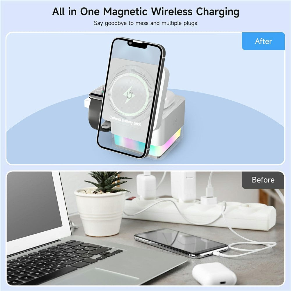 3-in-1 Magnetic Wireless Charging Dock with RGB Light – Foldable, for iPhone, Watch & AirPods