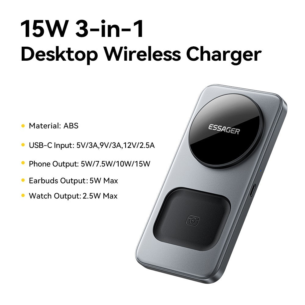 ESSAGER 3-in-1 Foldable Wireless Charger – 15W Fast Charging for Phone, Watch & Earbuds