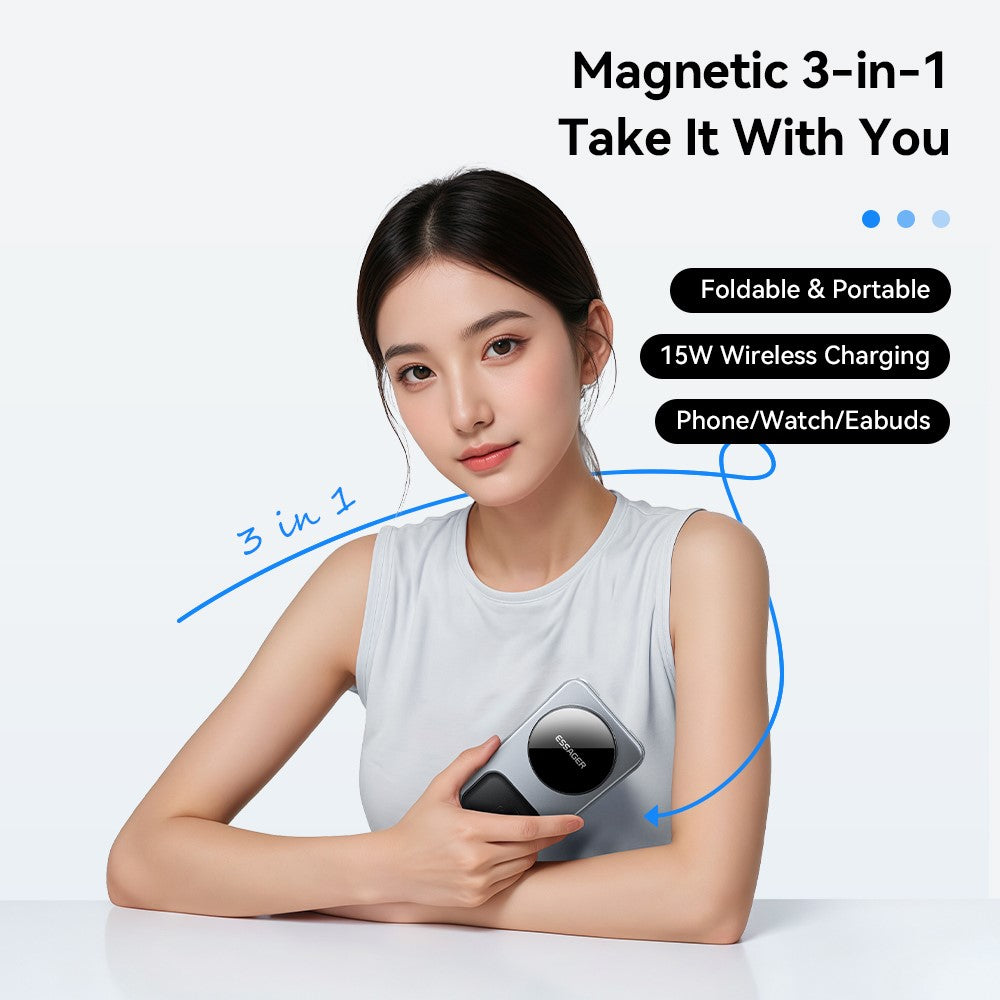 ESSAGER 3-in-1 Foldable Wireless Charger – 15W Fast Charging for Phone, Watch & Earbuds