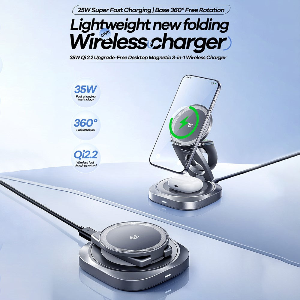 REMAX CW11 3 in 1 35W Foldable Wireless Charger Qi2.2 Magnetic Charging Stand for iPhone AirPods Watch
