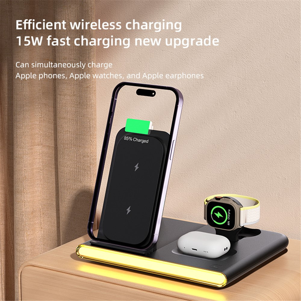 3-in-1 Foldable Wireless Charger Station with Night Light – for Apple & Samsung Watch