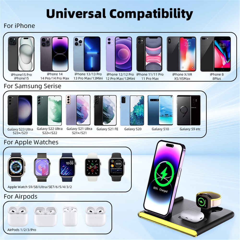 3-in-1 Foldable Wireless Charger Station with Night Light – for Apple & Samsung Watch