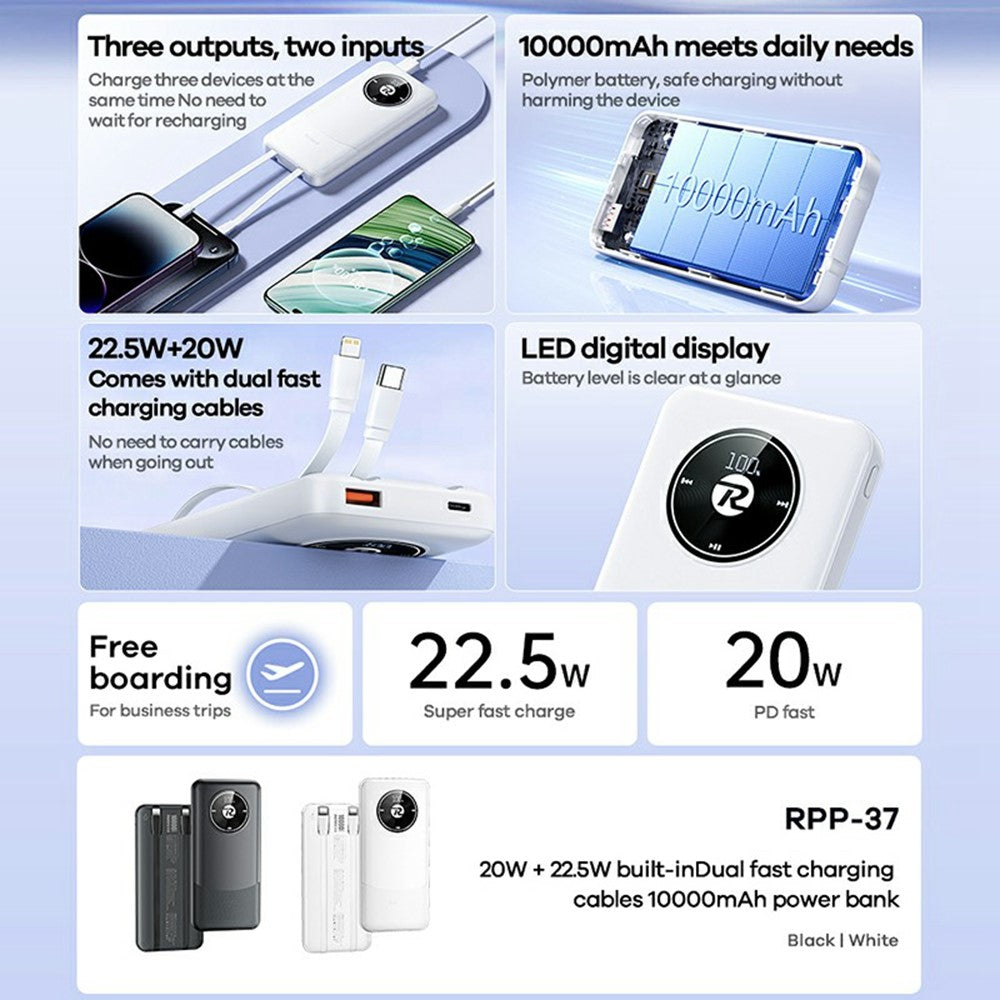 REMAX RPP-37 10000mAh Power Bank 20W + 22.5W Dual Fast Charging Built-In Cables For iPhone  /  Android