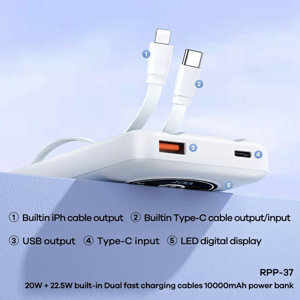 REMAX RPP-37 10000mAh Power Bank 20W + 22.5W Dual Fast Charging Built-In Cables For iPhone  /  Android