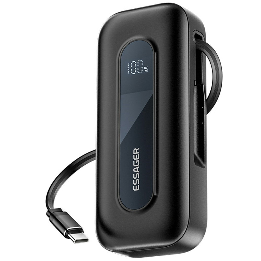 ESSAGER 10000mAh Power Bank Digital Display Portable Charger with Retractable Type C Cable