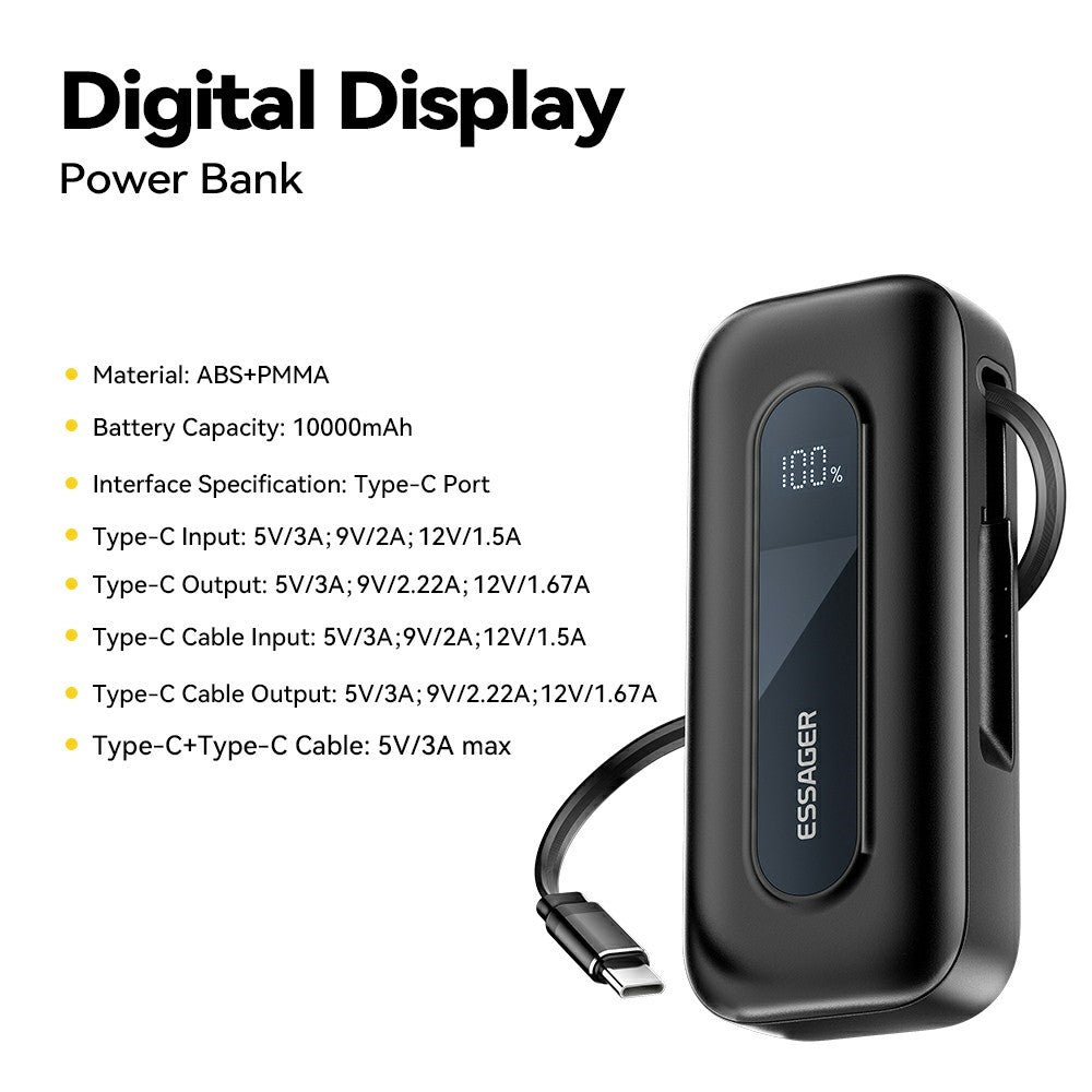 ESSAGER 10000mAh Power Bank Digital Display Portable Charger with Retractable Type C Cable