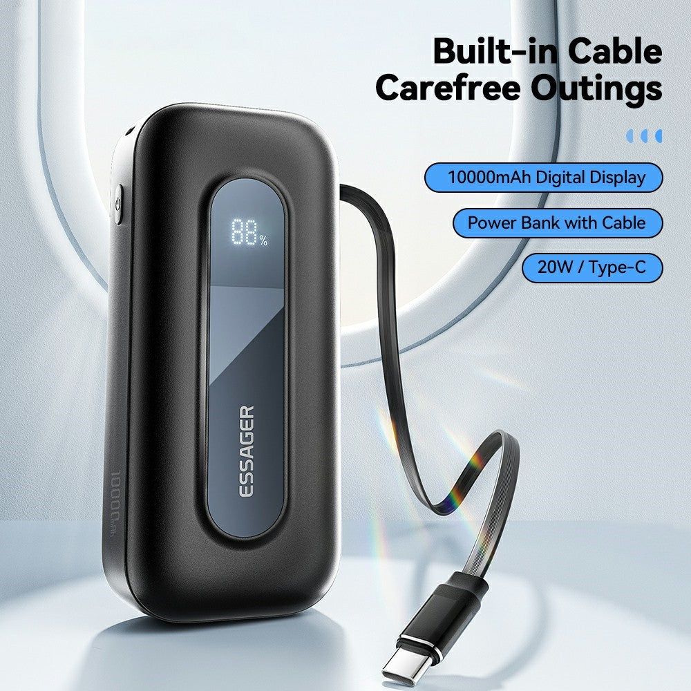 ESSAGER 10000mAh Power Bank Digital Display Portable Charger with Retractable Type C Cable