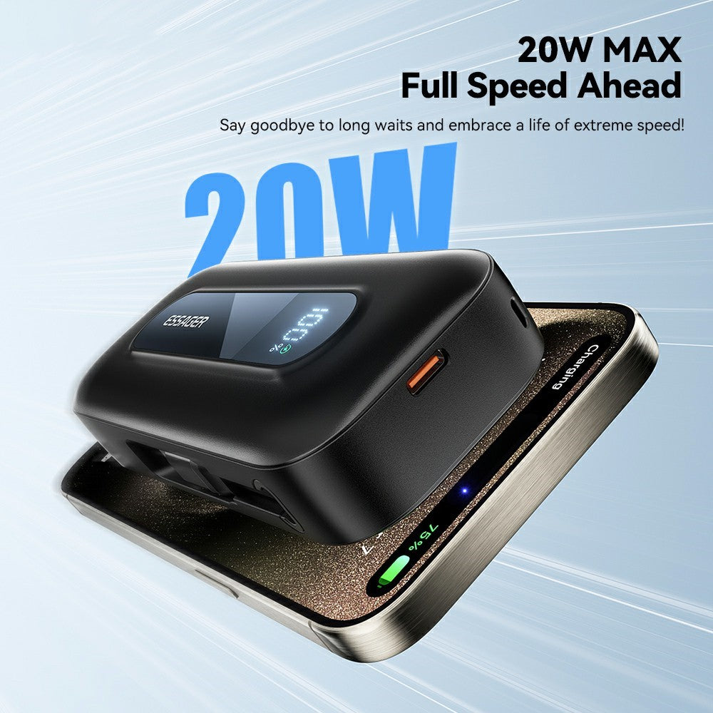 ESSAGER 10000mAh Power Bank Digital Display Portable Charger with Retractable Type C Cable