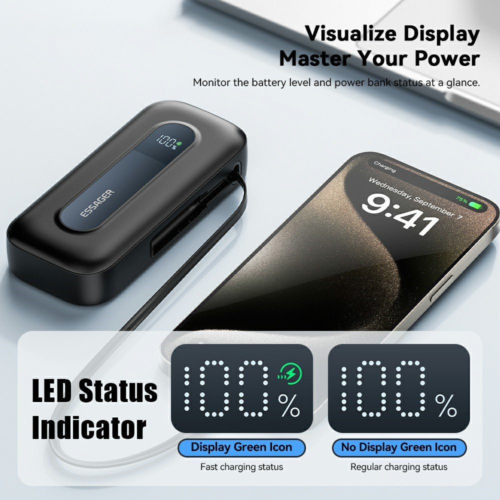 ESSAGER 10000mAh Power Bank Digital Display Portable Charger with Retractable Type C Cable