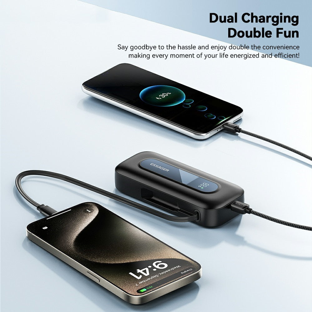 ESSAGER 10000mAh Power Bank Digital Display Portable Charger with Retractable Type C Cable