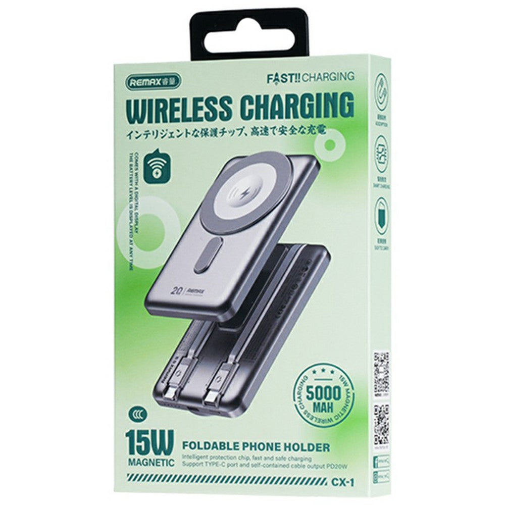 REMAX CX-1 5000mAh Power Bank with Cables Foldable Stand 15W Wireless Phone Charger