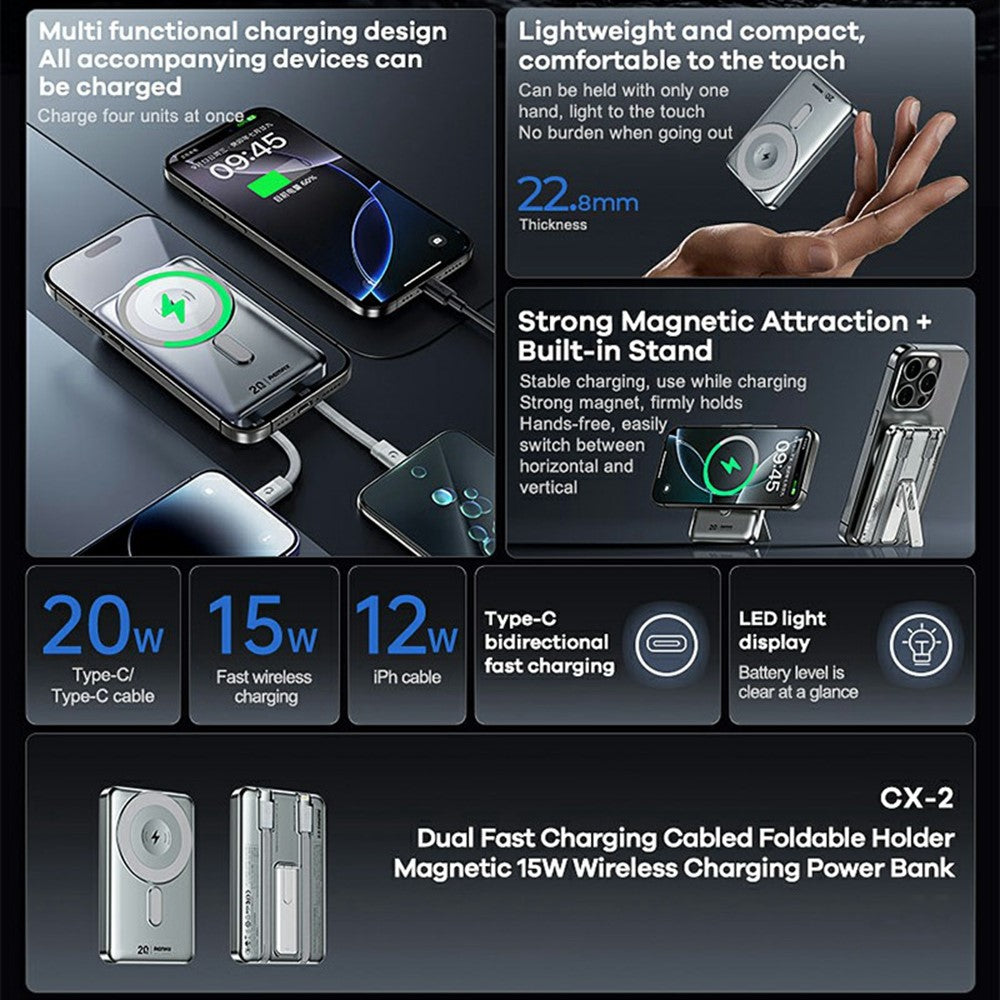 REMAX CX-2 10000mAh Power Bank 15W Wireless Charging Phone External Battery with Stand