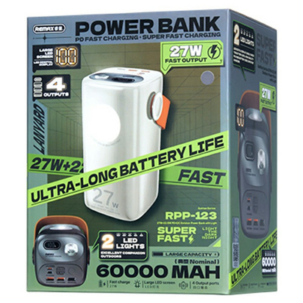 REMAX RPP-123 60000mAh Outdoor Power Bank 27W + 22.5W Fast Charging 4 Outputs LED Light Digital Display