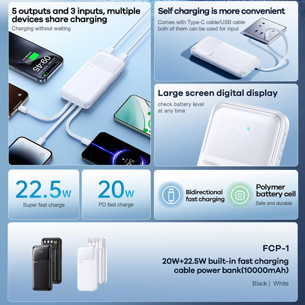 REMAX FCP-1 10000mAh Power Bank LED Digital Display 20W + 22.5W Fast Charging Mobile Charger Built-In Cable