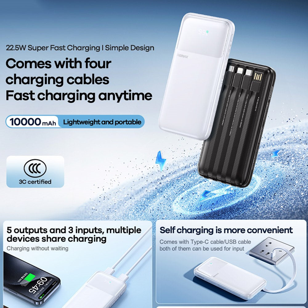 REMAX FCP-1 10000mAh Power Bank LED Digital Display 20W + 22.5W Fast Charging Mobile Charger Built-In Cable