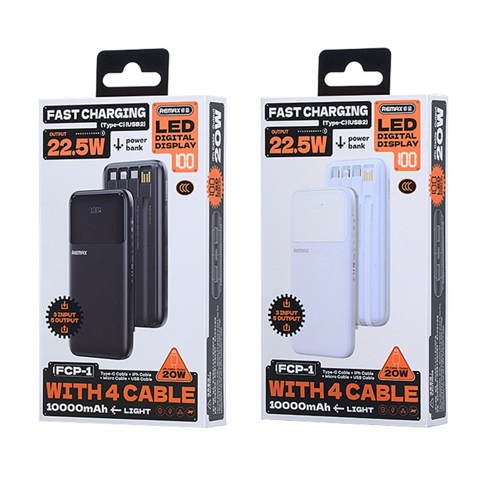 REMAX FCP-1 10000mAh Power Bank LED Digital Display 20W + 22.5W Fast Charging Mobile Charger Built-In Cable
