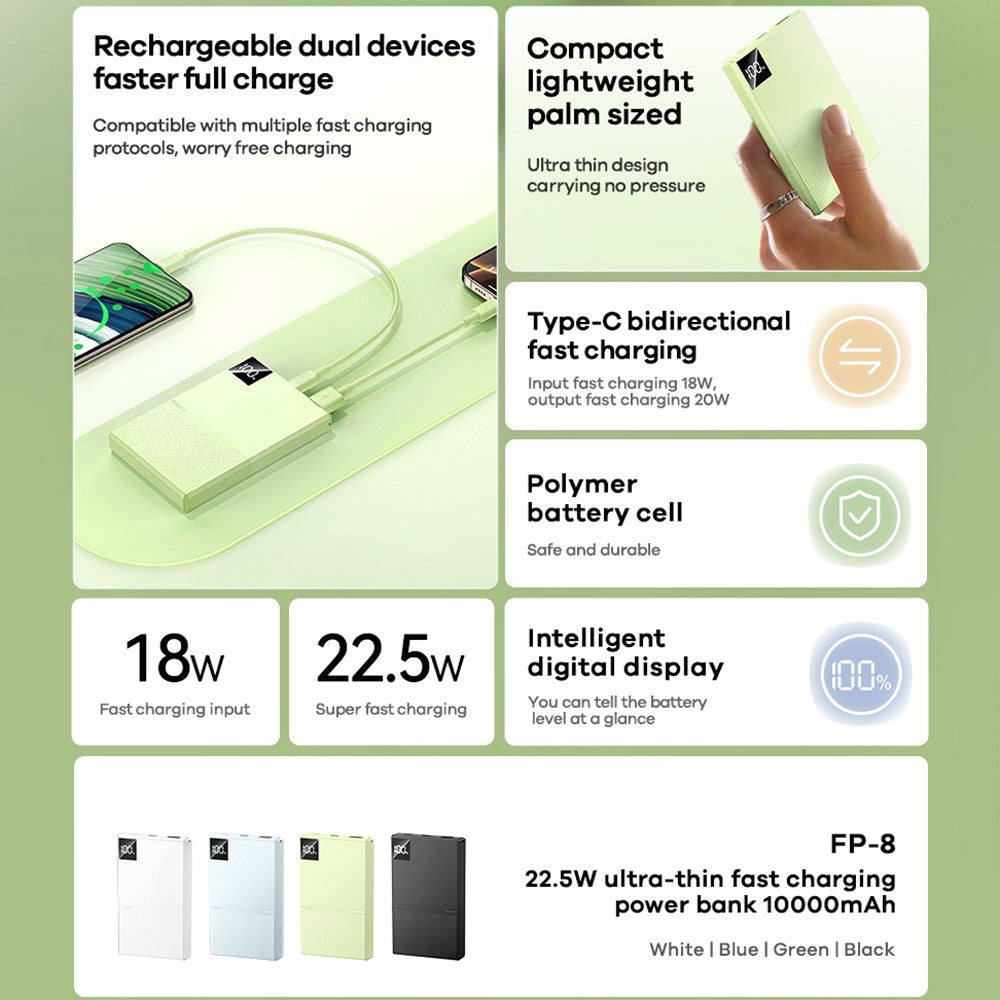 REMAX FP-8 10000mAh Power Bank Ultra Thin 22.5W Fast Charging Portable Charger with LED Digital Display