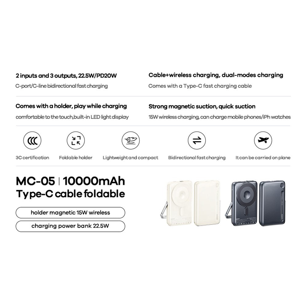 REMAX MC-05 Power Bank 10000mAh 22.5W Fast Charging Magnetic Wireless Charger 15W with Foldable Stand and Type-C Cable
