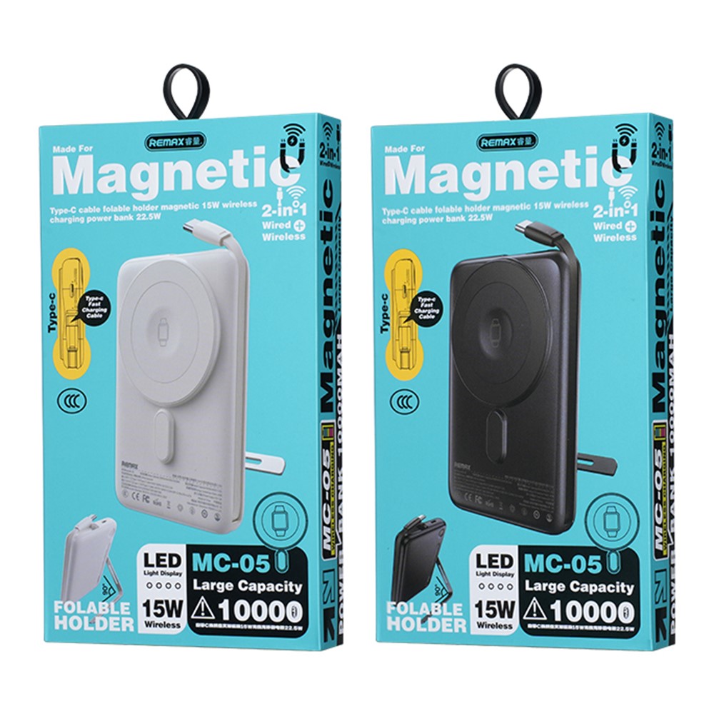 REMAX MC-05 Power Bank 10000mAh 22.5W Fast Charging Magnetic Wireless Charger 15W with Foldable Stand and Type-C Cable
