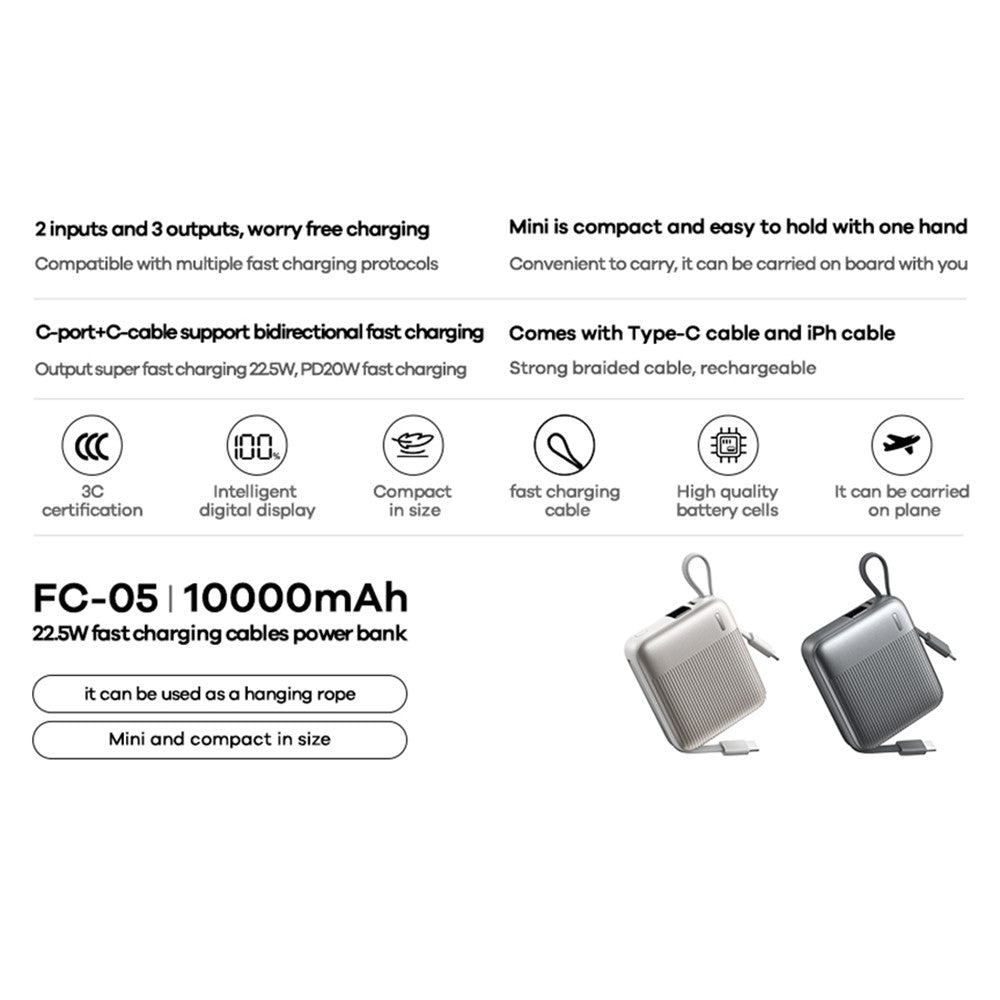 REMAX FC-05 22.5W Power Bank 10000mAh Portable Charger with Built-In Fast Charging Cable