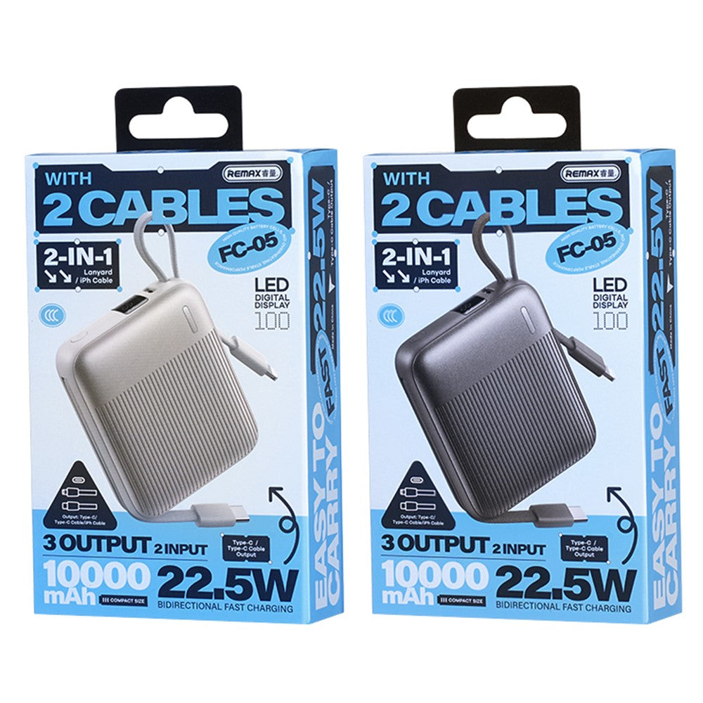 REMAX FC-05 22.5W Power Bank 10000mAh Portable Charger with Built-In Fast Charging Cable