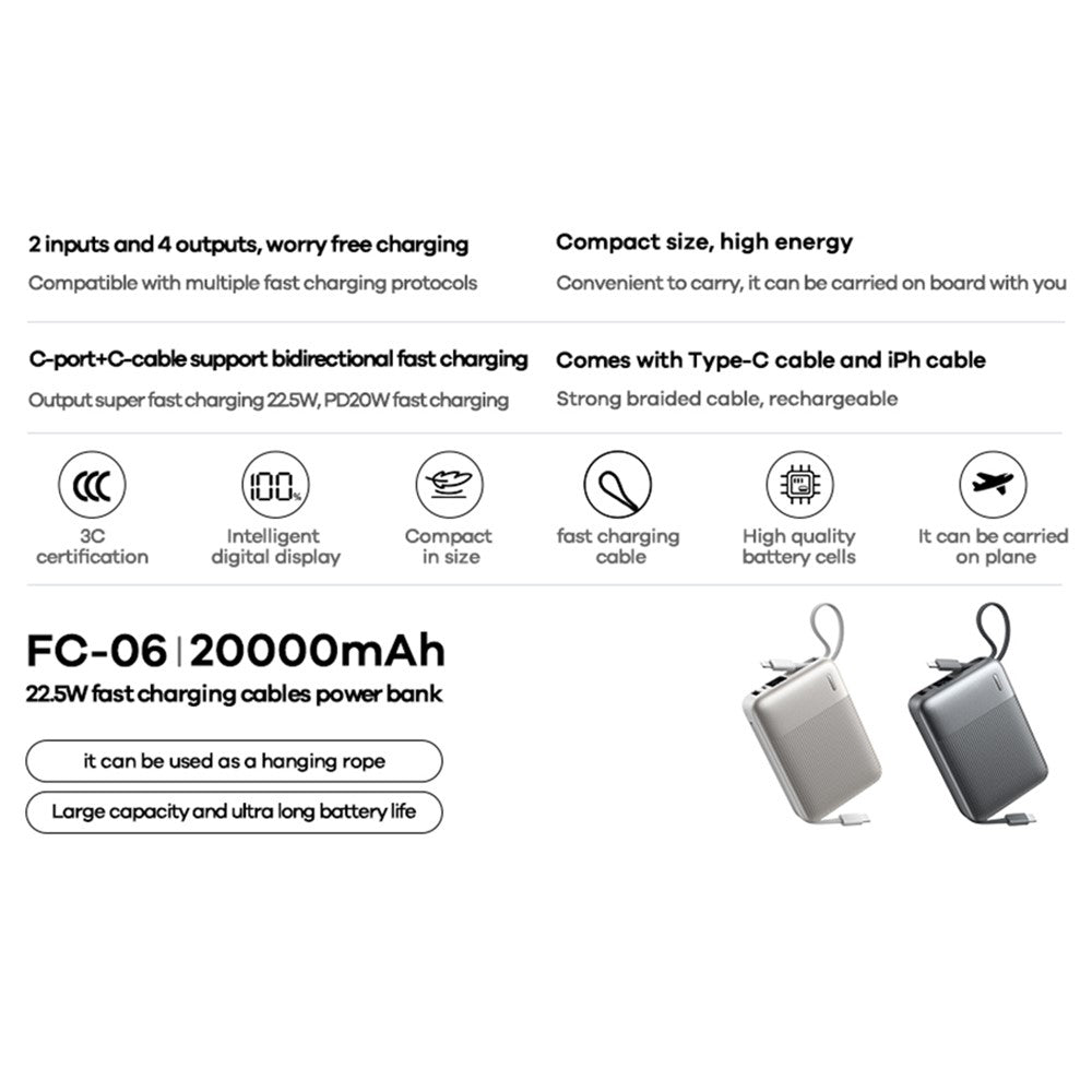 REMAX FC-06 22.5W Power Bank 20000mAh Portable Charger with Built-In Fast Charging Cable