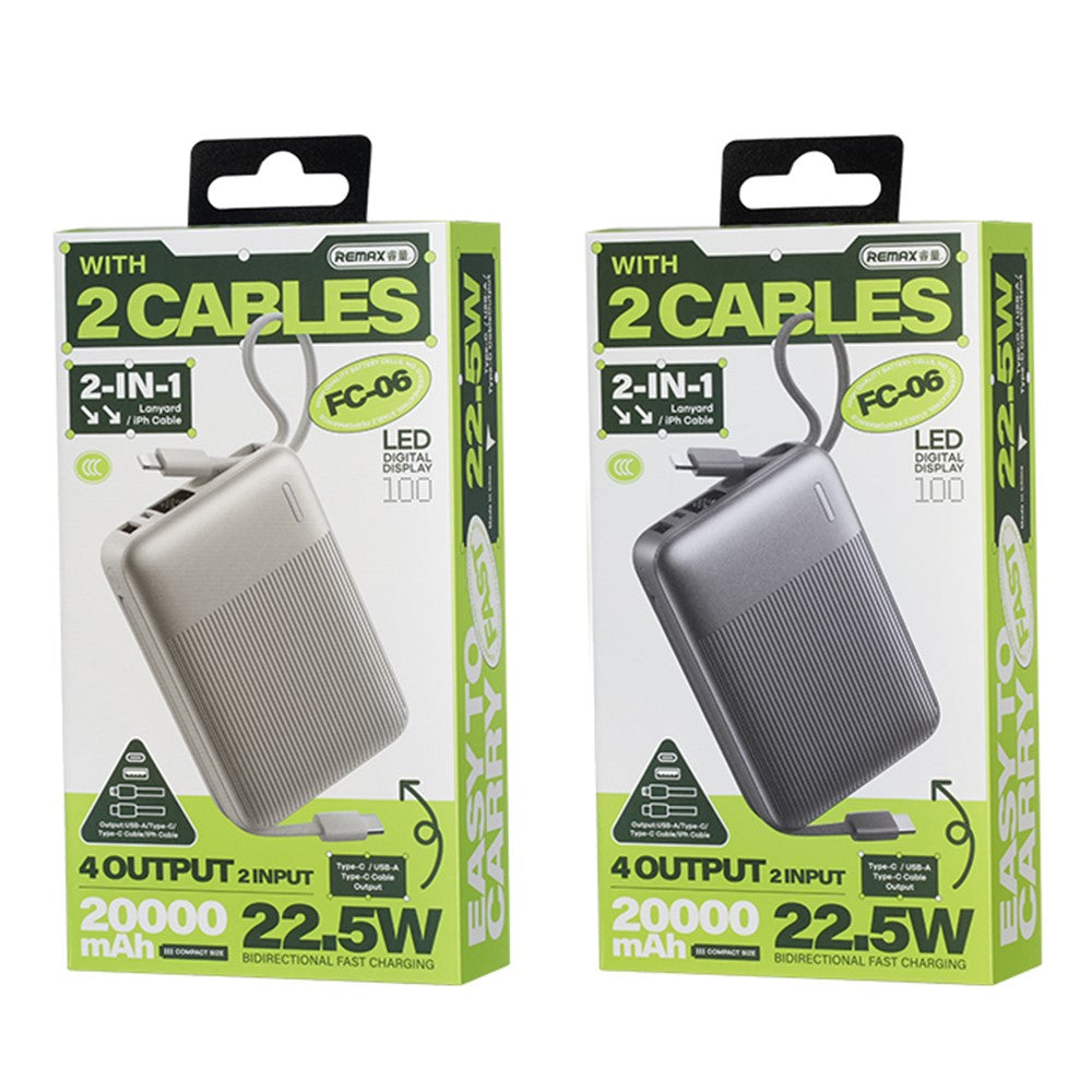 REMAX FC-06 22.5W Power Bank 20000mAh Portable Charger with Built-In Fast Charging Cable