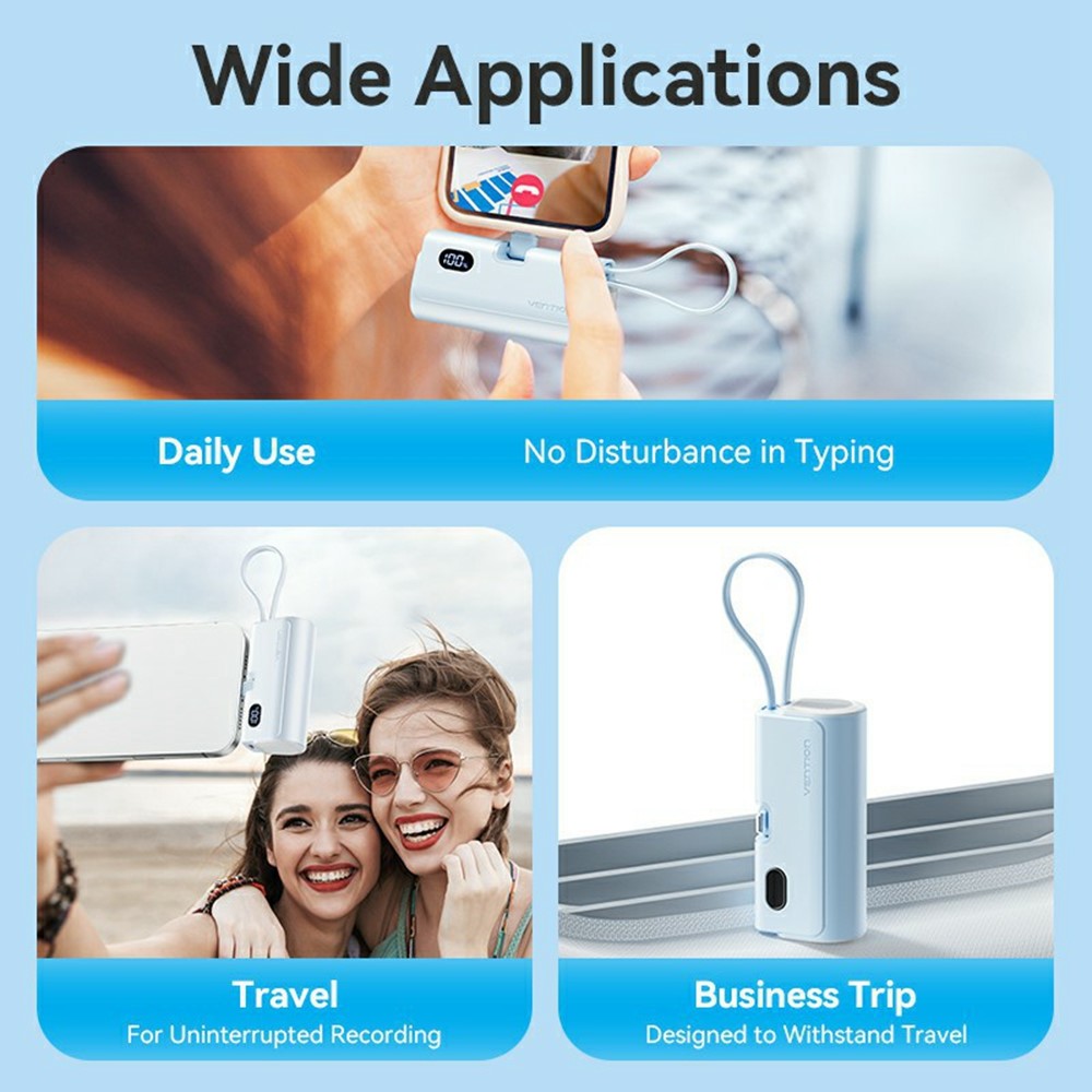 VENTION FHR Series 4800mAh Power Bank 22.5W Fast Charging Portable Charger with Foldable iP Plug and Type C Cable