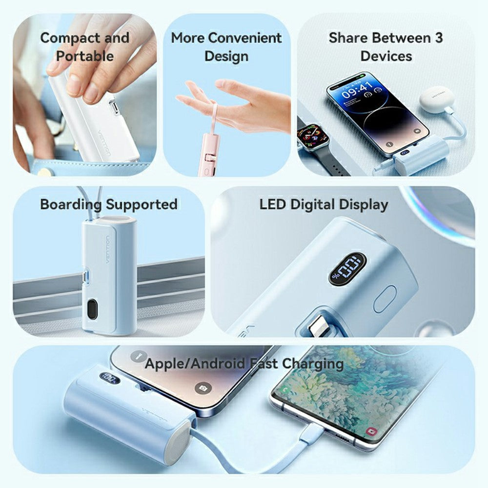 VENTION FHR Series 4800mAh Power Bank 22.5W Fast Charging Portable Charger with Foldable iP Plug and Type C Cable