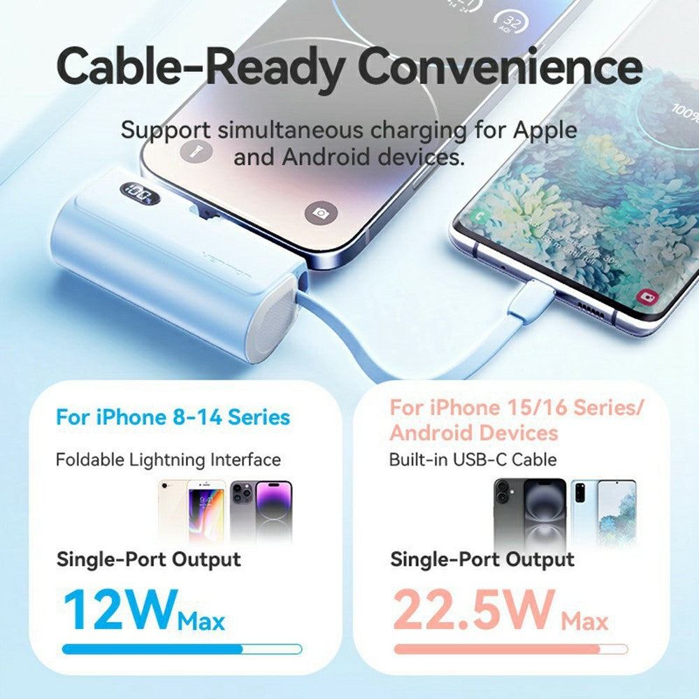 VENTION FHR Series 4800mAh Power Bank 22.5W Fast Charging Portable Charger with Foldable iP Plug and Type C Cable