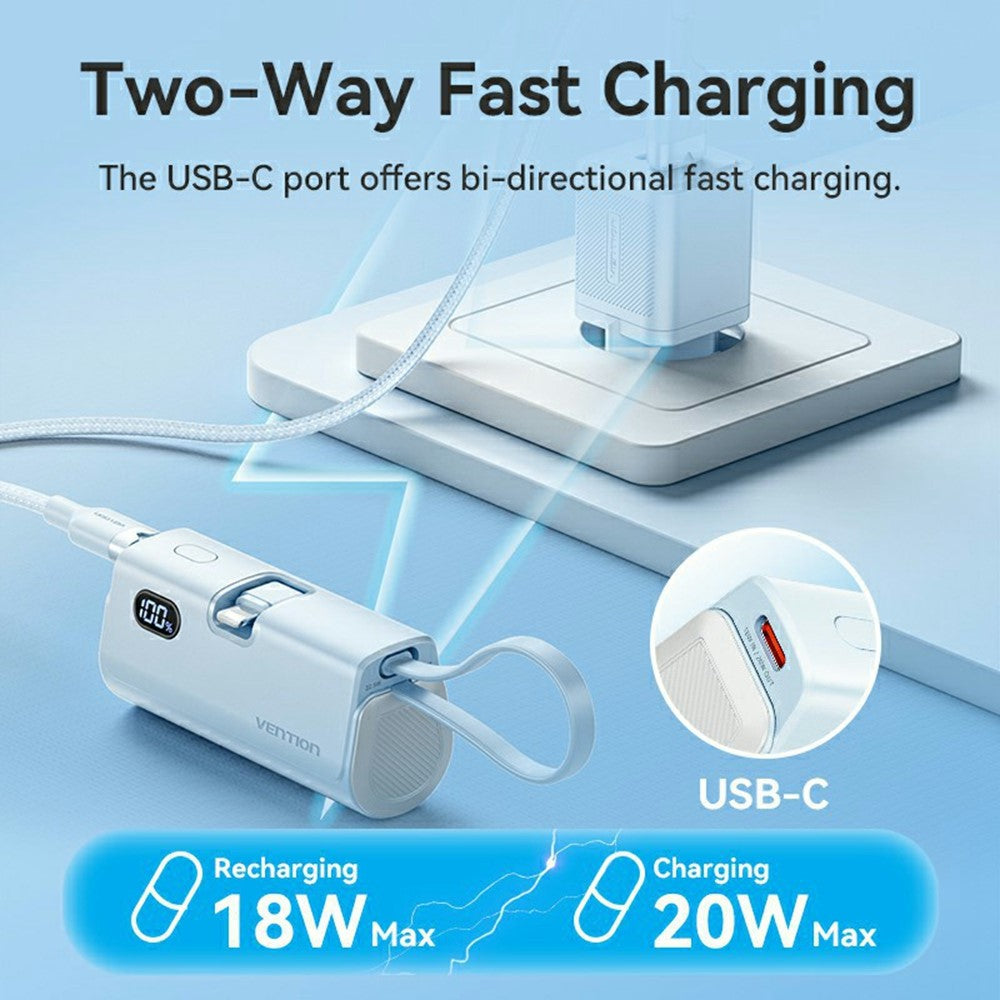 VENTION FHR Series 4800mAh Power Bank 22.5W Fast Charging Portable Charger with Foldable iP Plug and Type C Cable