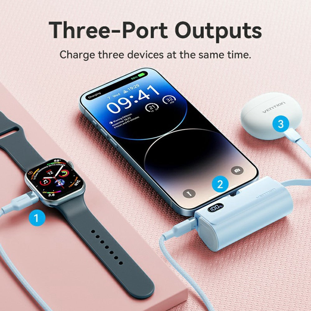 VENTION FHR Series 4800mAh Power Bank 22.5W Fast Charging Portable Charger with Foldable iP Plug and Type C Cable
