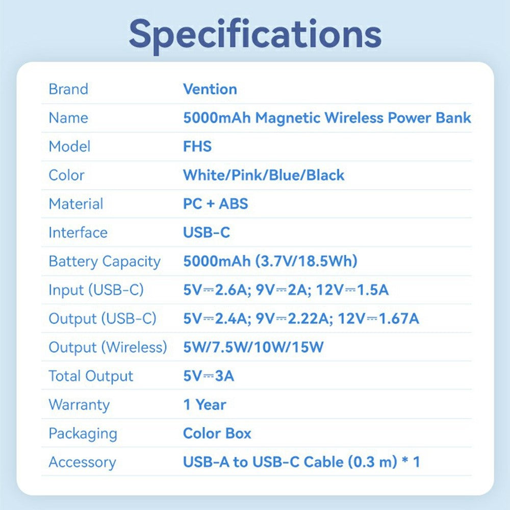 VENTION FHS Series 5000mAh Magnetic Wireless Charging Power Bank with 20W Type C Output
