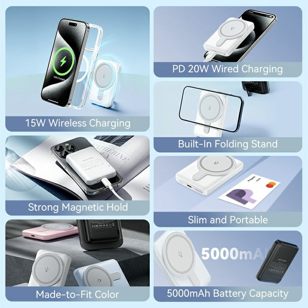 VENTION FHS Series 5000mAh Magnetic Wireless Charging Power Bank with 20W Type C Output