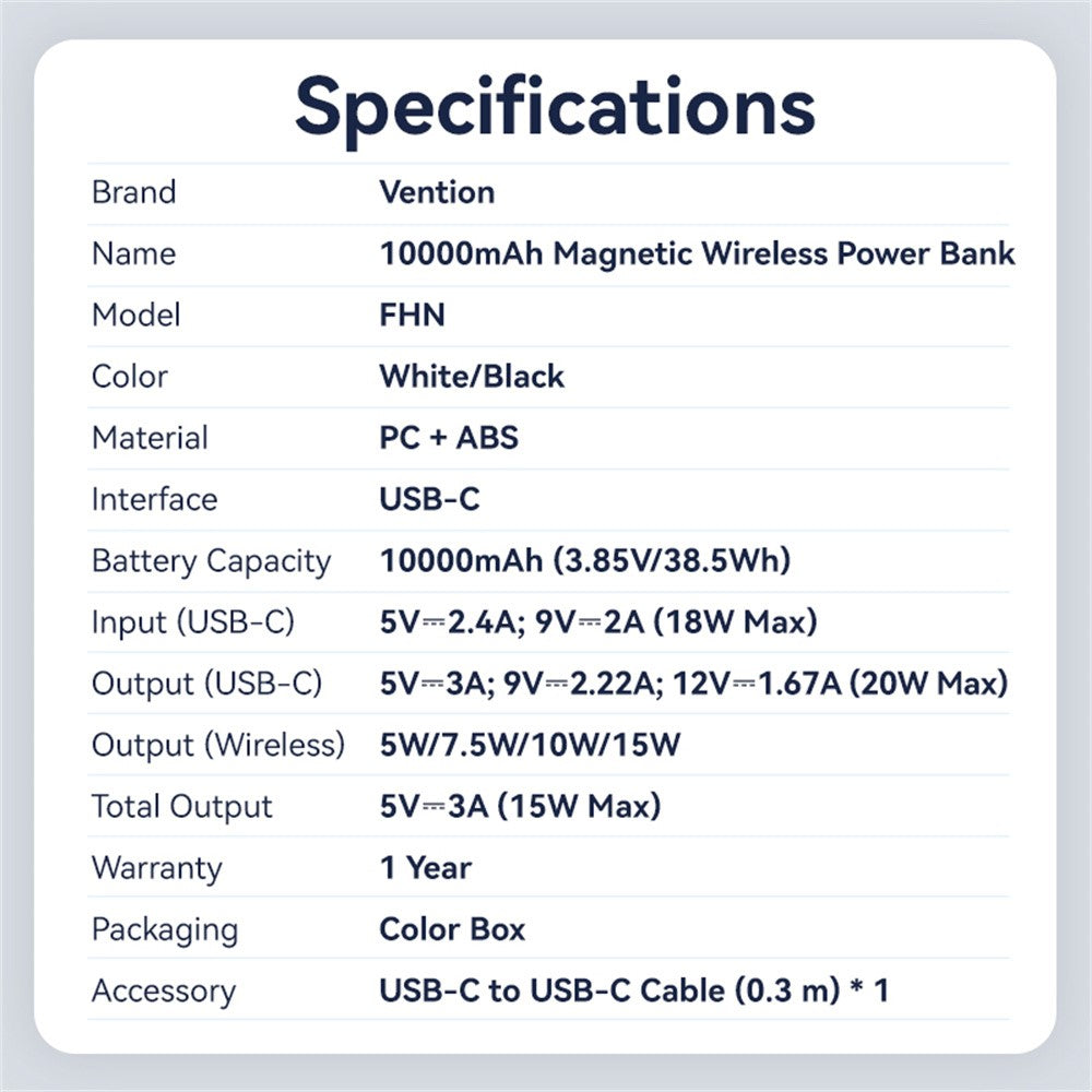 VENTION FHN Series 10000mAh Magnetic Wireless Charging Power Bank 20W Fast Charging Portable Charger