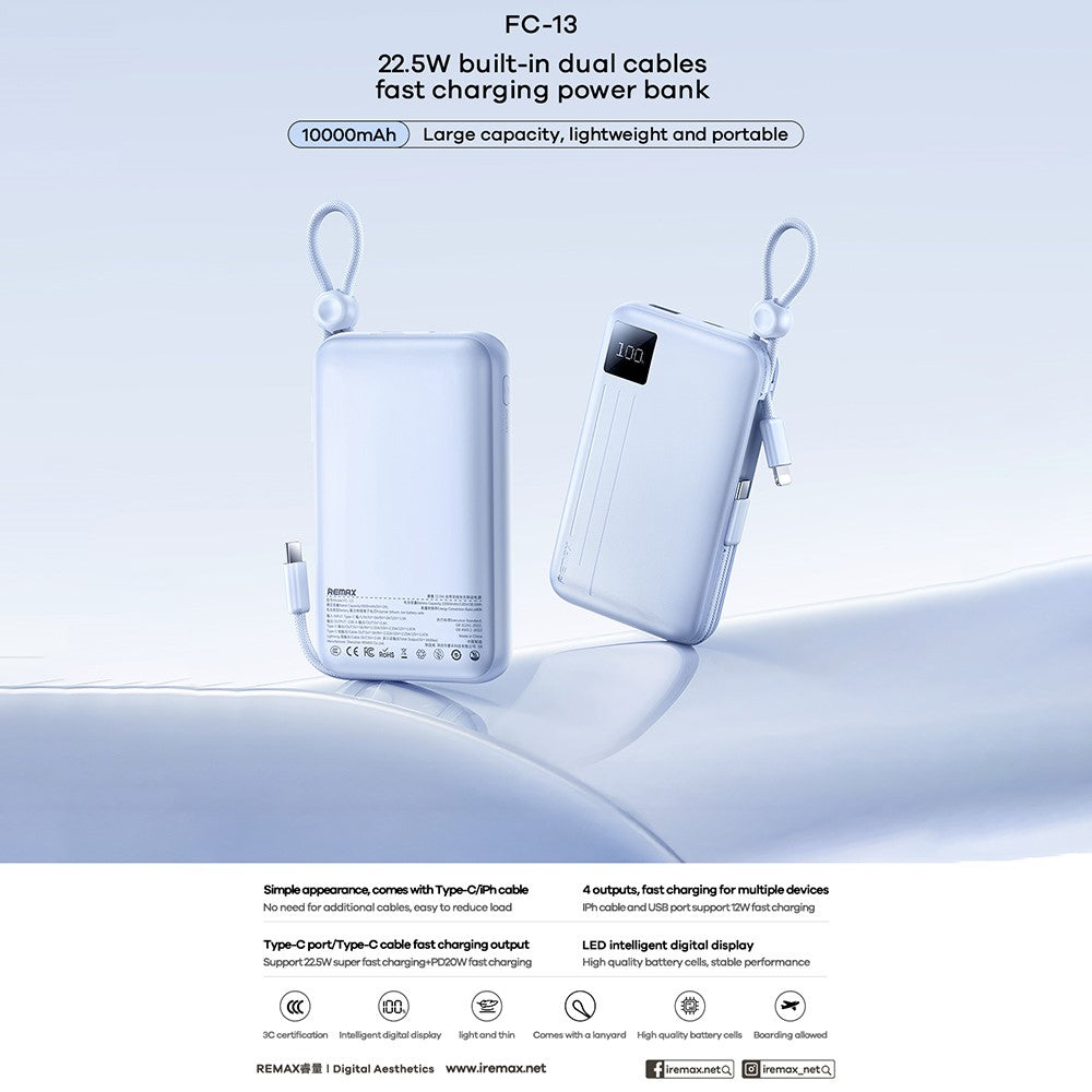 REMAX FC-13 22.5W Fast Charging 10000mAh Power Bank with Built In Type C + iP Cables Portable Charger