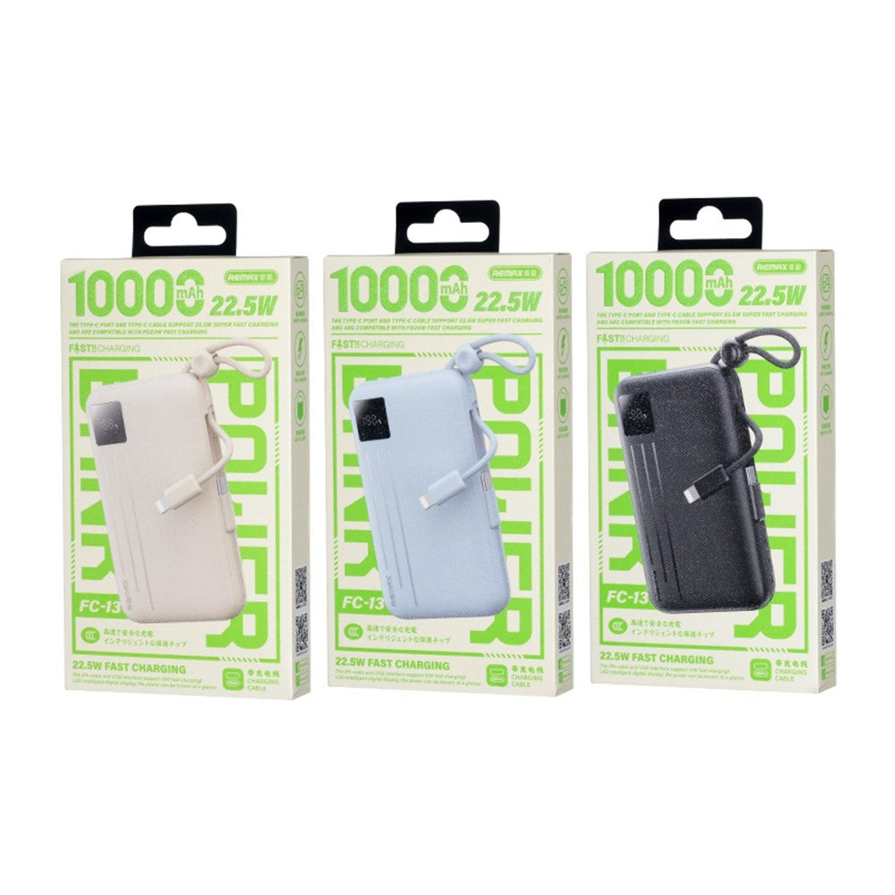 REMAX FC-13 22.5W Fast Charging 10000mAh Power Bank with Built In Type C + iP Cables Portable Charger