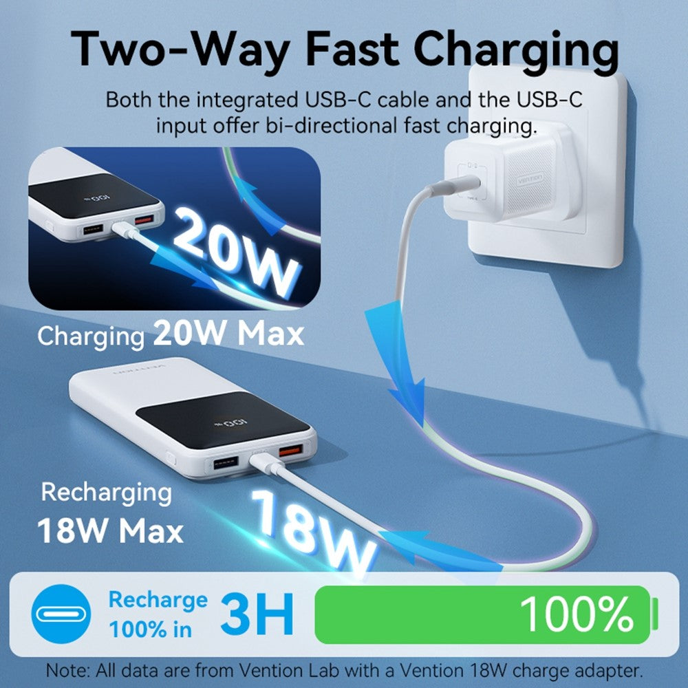 VENTION FHO Series Power Bank 10000mAh 22.5W Digital Display Phone Charger with Built-In USB-C + 8Pin Cable