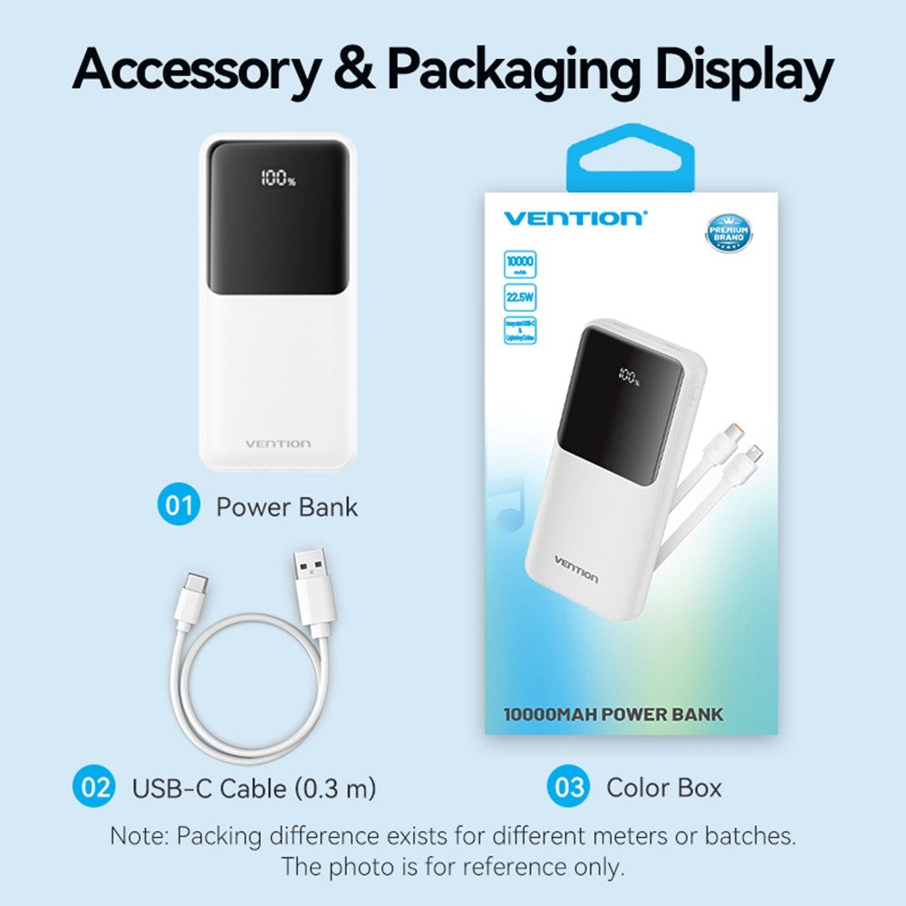 VENTION FHO Series Power Bank 10000mAh 22.5W Digital Display Phone Charger with Built-In USB-C + 8Pin Cable